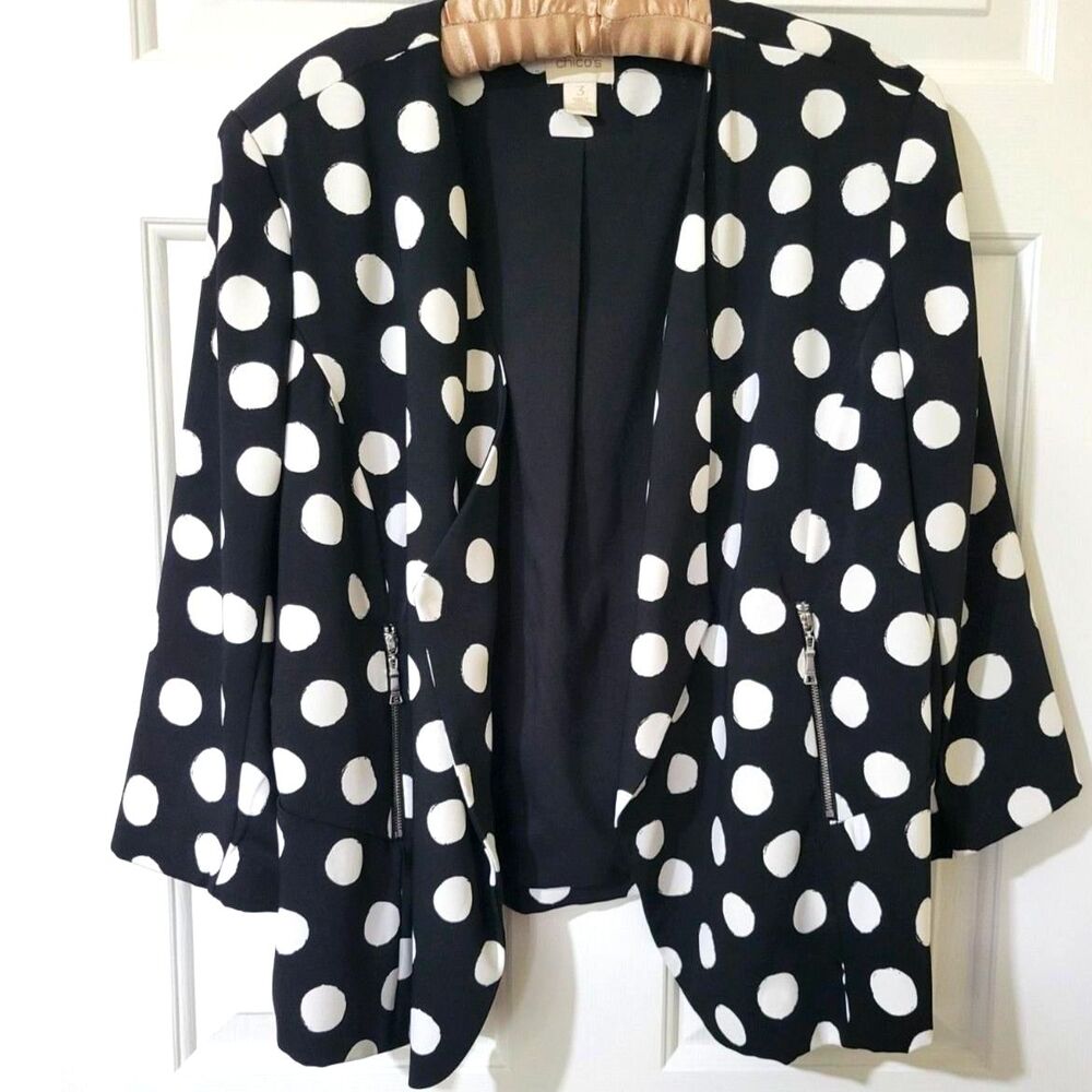 Chico's Open Front Polkadot Black White Blazer Jacket sz 3 zipper pockets